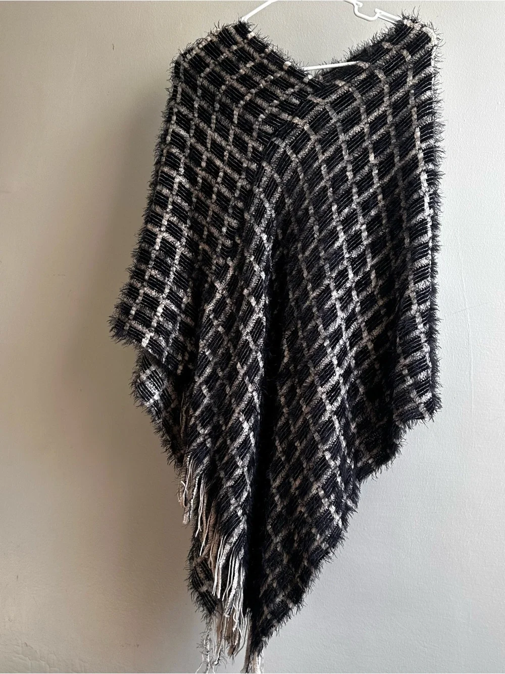 Simonetta Black and Cream Plaid Fringe Poncho